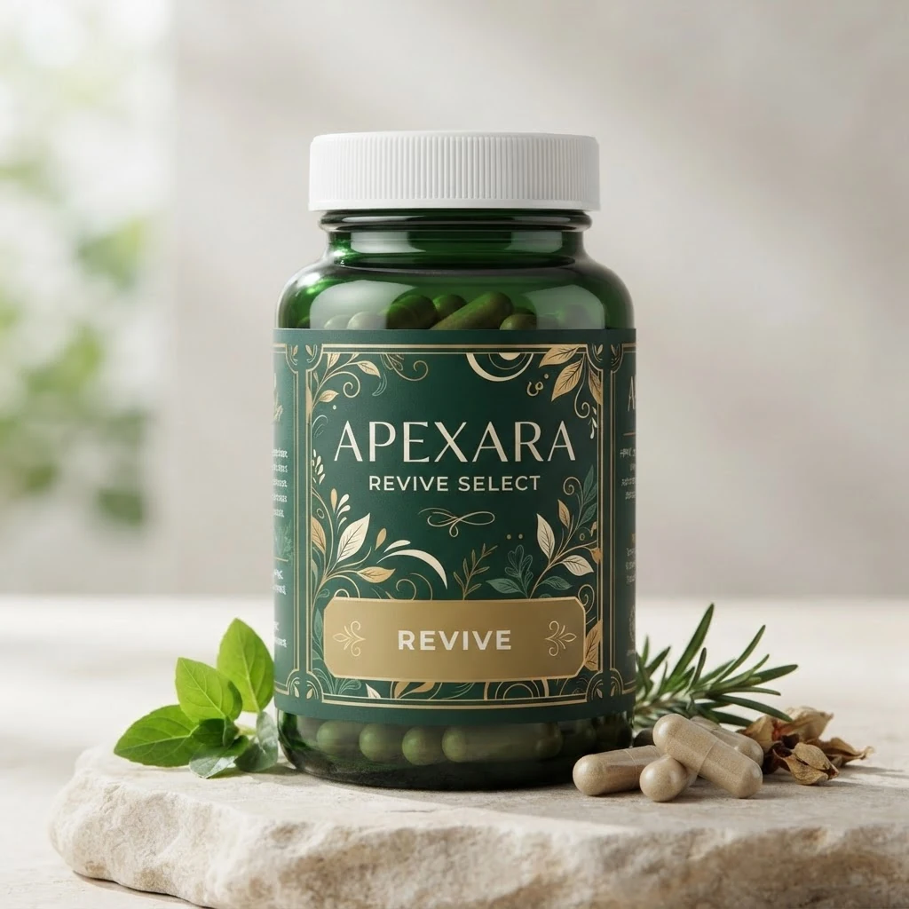 Apexara Revive Select supplement bottle with ingredients